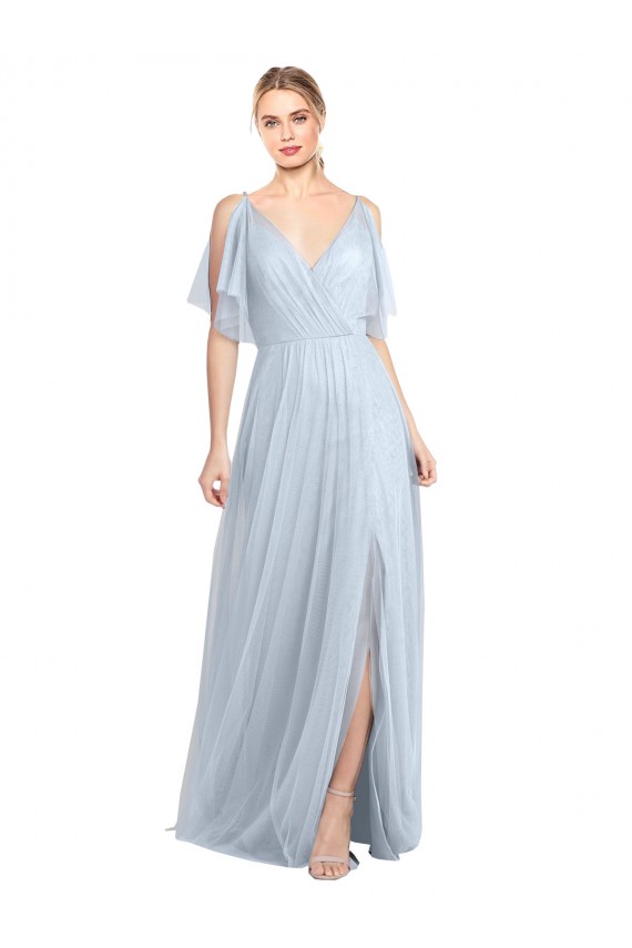 Outlet Floor Length Flutter Sleeves Long Tulle Bridesmaid Dress with Side Slit UK