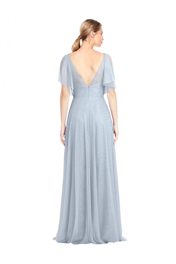 Outlet Floor Length Flutter Sleeves Long Tulle Bridesmaid Dress with Side Slit UK