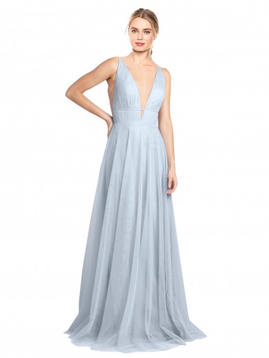 Outlet Plunging Deep V-Neck Long Tulle Bridesmaid Dress with V-Back UK