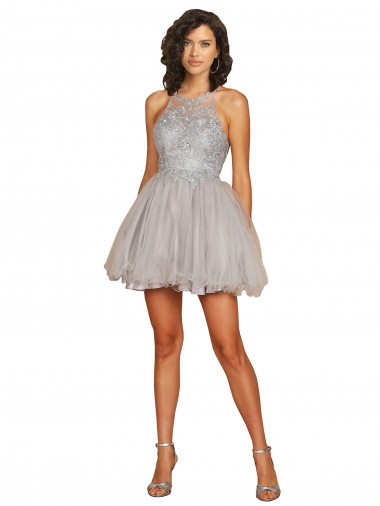 Outlet Halter Neckline Criss Cross Back Short Cocktail Dress with Beaded Lace Bodice UK
