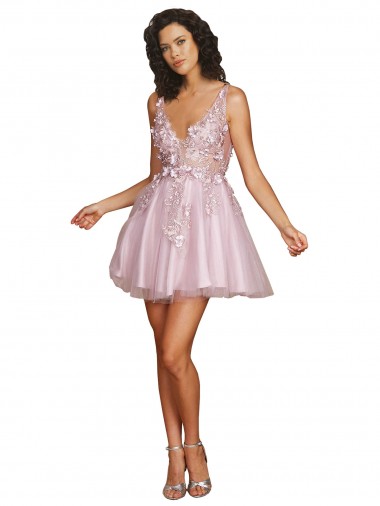 Outlet Sleeveless V-Neckline Short Cocktail Dress with Embellished Lace Appliques UK