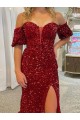 Outlet Off the Shoulder Short Sleeves Long Floor Length Velvet Sequin Prom Dress with High Slit UK