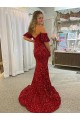 Outlet Off the Shoulder Short Sleeves Long Floor Length Velvet Sequin Prom Dress with High Slit UK