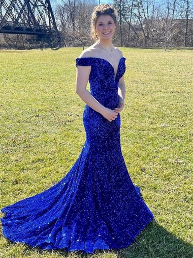 Outlet Off the Shoulder Sleeveless Long Sweep Train Velvet Sequin Prom Dress UK