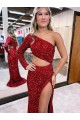 Outlet Mermaid One Shoulder Long Sleeves Long Sweep Train Velvet Sequin Prom Dress with High Slit UK