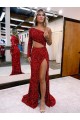 Outlet Mermaid One Shoulder Long Sleeves Long Sweep Train Velvet Sequin Prom Dress with High Slit UK