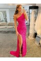 Outlet One Shoulder Sleeveless Long Velvet Sequin Prom Dress with High Slit UK