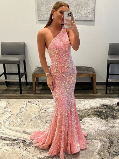 Outlet Open Back One Shoulder Sleeveless Long Sweep Train Velvet Sequin Prom Dress UK