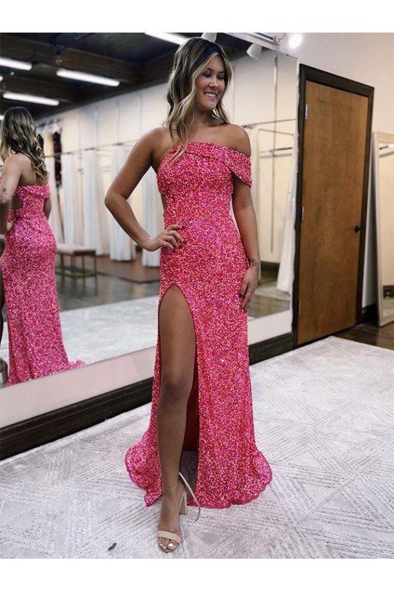 Outlet One Shoulder Sleeveless Long Sweep Train Velvet Sequin Prom Dress with Side Slit UK
