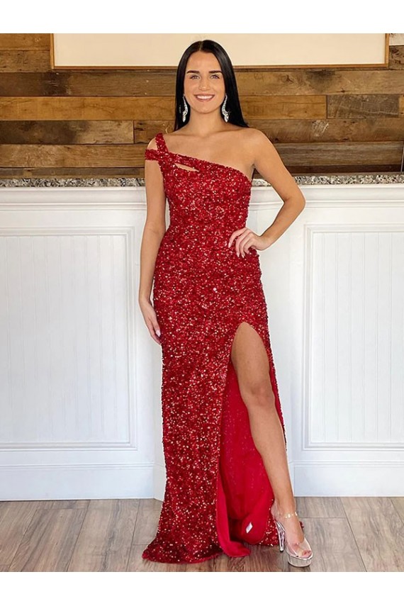 Outlet One Shoulder Sleeveless Long Sweep Train Velvet Sequin Prom Dress UK