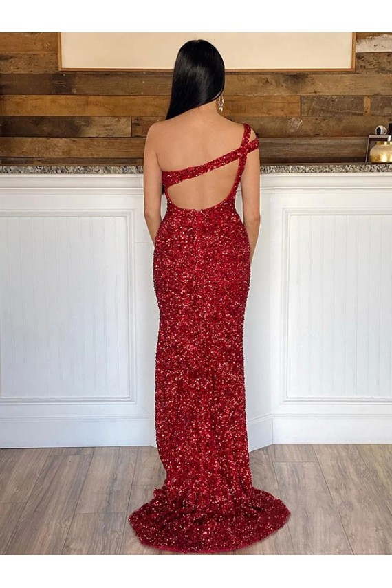 Outlet One Shoulder Sleeveless Long Sweep Train Velvet Sequin Prom Dress UK