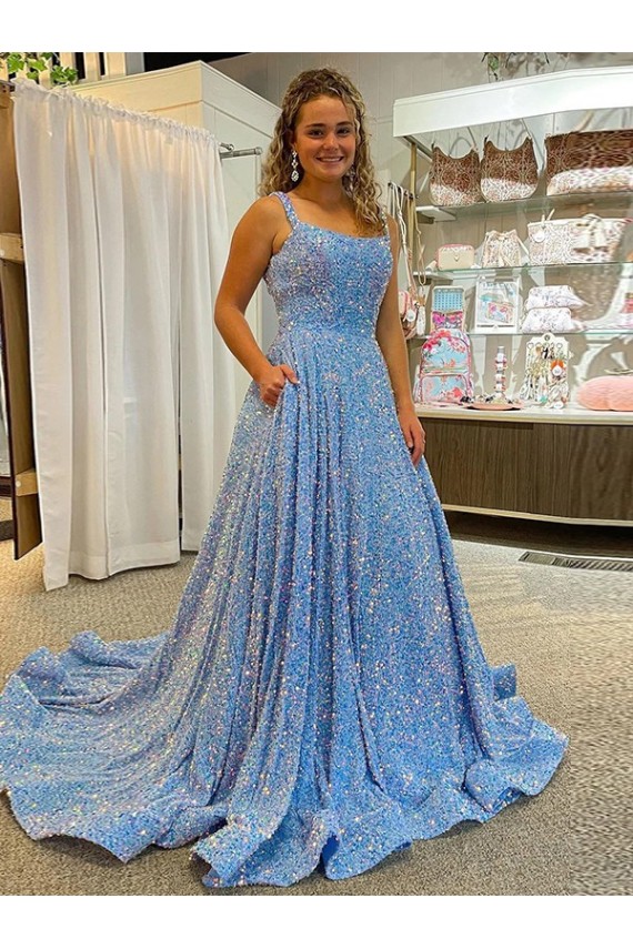 Outlet A-Line Scoop Sleeveless Long Court Train Velvet Sequin Prom Dress UK