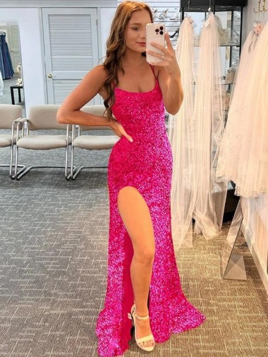 Outlet Spaghetti Straps Sleeveless Long Velvet Sequin Prom Dress with Slit and Criss Cross Open Back UK