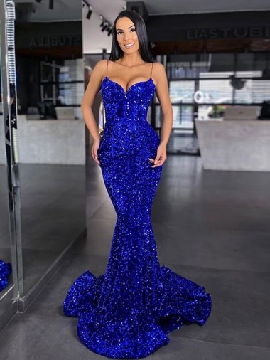 Outlet Mermaid Spaghetti Straps Sleeveless Long Sweep Train Velvet Sequin Prom Dress UK