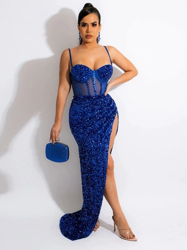 Outlet Long Sweep Train Spaghetti Straps Sleeveless Velvet Sequin Prom Dress with Slit UK