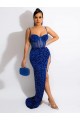 Outlet Long Sweep Train Spaghetti Straps Sleeveless Velvet Sequin Prom Dress with Slit UK