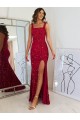 Outlet Square Neck Sleeveless Long Velvet Sequin Prom Dress with Slit UK