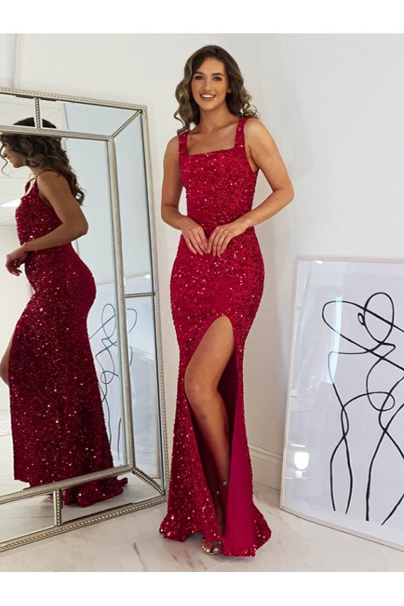Outlet Square Neck Sleeveless Long Velvet Sequin Prom Dress with Slit UK