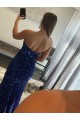 Outlet Strapless Sleeveless Long Sweep Train Velvet Sequin Prom Dress with Side Slit UK