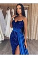 Outlet Sweetheart Sleeveless Long Sweep Train Velvet Sequin Prom Dress with Slit UK