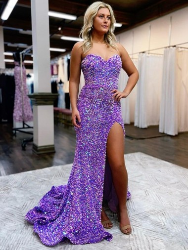 Outlet A-Line Sweetheart Sleeveless Long Velvet Sequin Prom Dress with Slit UK