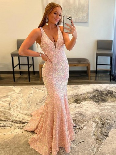 Outlet Deep V-Neck Sleeveless Long Low Back Velvet Sequin Prom Dress UK