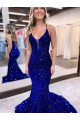 Outlet Mermaid V-Neck Sleeveless Long Court Train Velvet Sequin Prom Dress UK