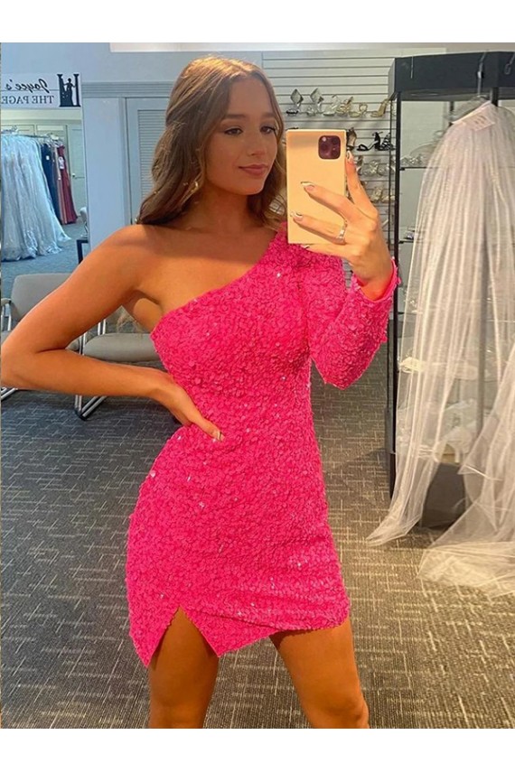 Outlet Short Velvet Sequin One Shoulder Long Sleeves Homecoming Dress / Prom Dress UK