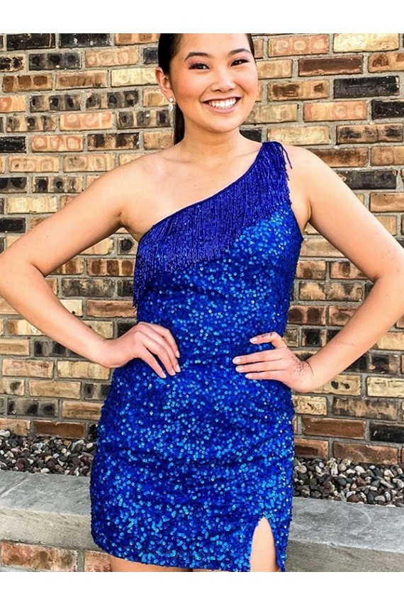 Outlet One Shoulder Sleeveless Short Velvet Sequin Royal Blue Homecoming Dress / Prom Dress UK