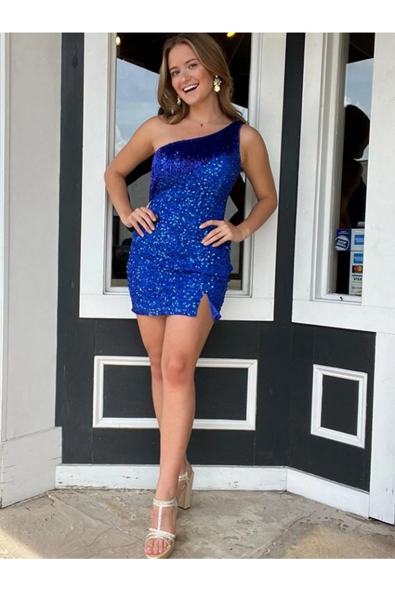 Outlet One Shoulder Sleeveless Short Velvet Sequin Royal Blue Homecoming Dress / Prom Dress UK