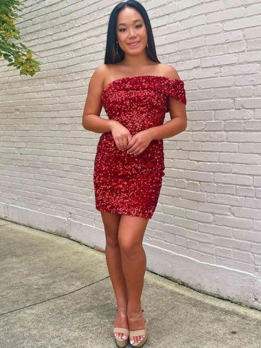 Outlet Short One Shoulder Sleeveless Velvet Sequin Cocktail Homecoming Dress / Prom Dress UK