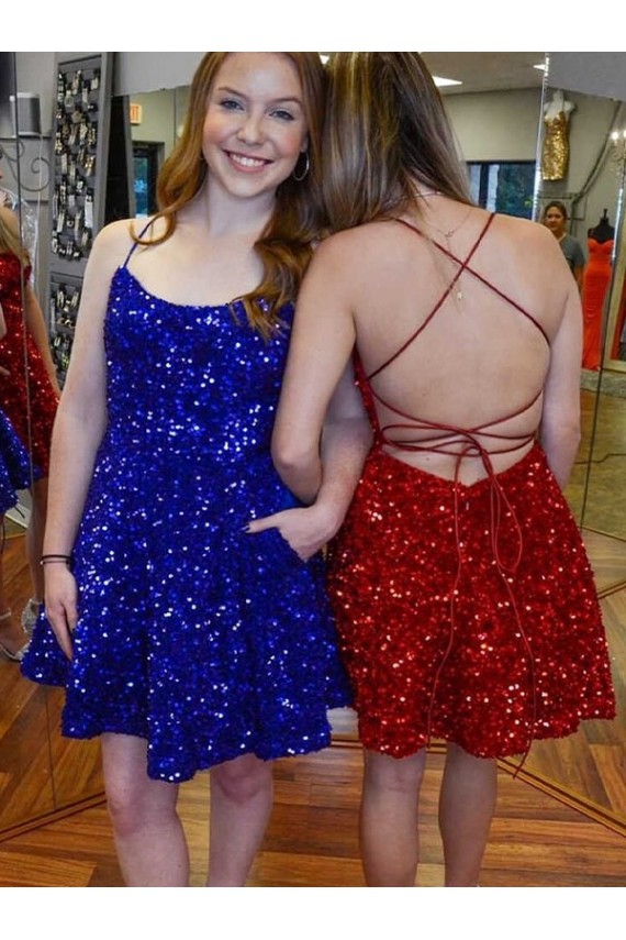 Outlet A-Line Spaghetti Straps Sleeveless Short Velvet Sequin Homecoming Dress / Prom Dress UK