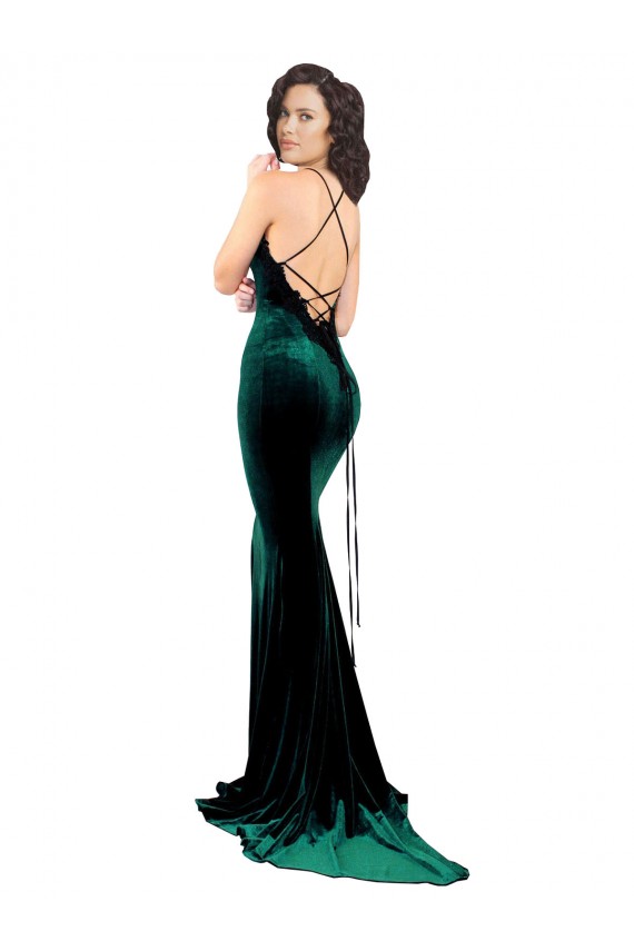 Outlet High Neck Formal Stretch Velvet Bridesmaid Dress / Prom Dress with Black Lace Embroidery UK