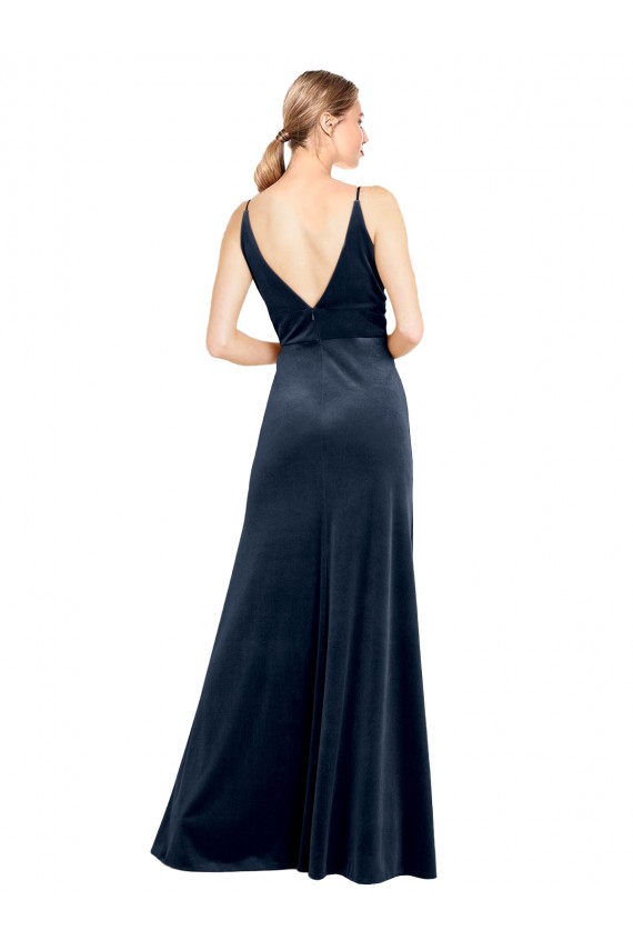 Outlet V-Back Long Velvet Bridesmaid Dress / Prom Dress with Notched V-Neck and Spaghetti Straps UK