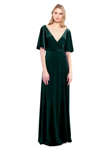 Outlet Deep V-Neck Flutter Sleeves Long Velvet Wrap Bridesmaid Dress / Prom Dress UK