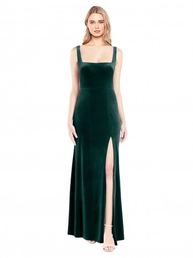 Outlet Square Neck Full Length Velvet Bridesmaid Dress / Prom Dress with Side Slit UK