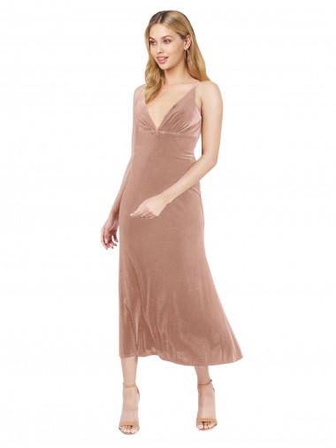 Outlet Midi Cocktail Length Short V-Neck Velvet Bridesmaid Dress / Prom Dress with Notched Neckline UK