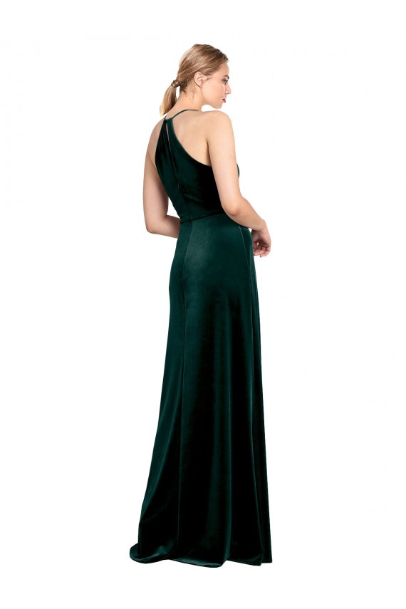 Outlet Long Jewel Neck Full Length Velvet Bridesmaid Dress / Prom Dress with Side Slit UK