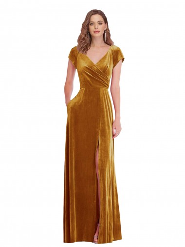 Outlet Cap Sleeve Faux Wrap Formal Velvet Maxi Bridesmaid Dress / Prom Dress with Pockets UK