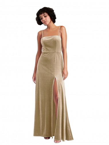 Outlet Square Neck Formal Velvet Maxi Bridesmaid Dress / Prom Dress with Front Slit UK