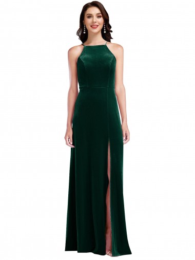 Outlet Velvet Halter Maxi Bridesmaid Dress / Prom Dress with Front Slit UK