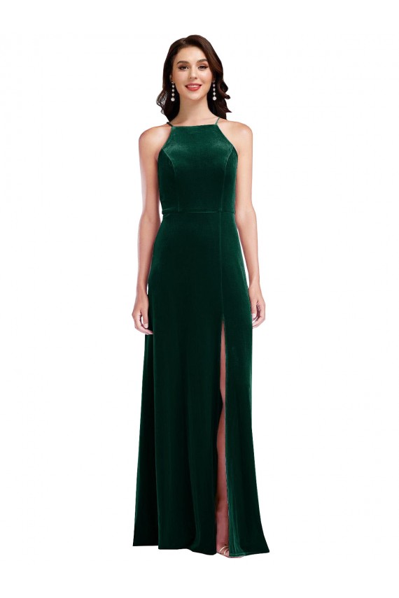 Outlet Velvet Halter Maxi Bridesmaid Dress / Prom Dress with Front Slit UK
