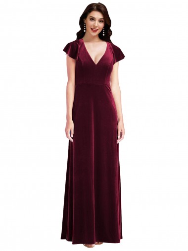 Outlet Flutter Sleeve Velvet Maxi Bridesmaid Dress / Prom Dress with Pockets UK