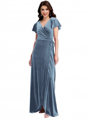 Outlet Flutter Sleeve Velvet Wrap Maxi Bridesmaid Dress / Prom Dress with Pockets UK