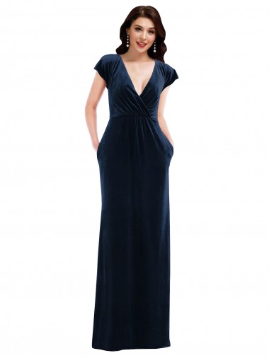 Outlet Flutter Sleeve Wrap Bodice Formal Velvet Maxi Bridesmaid Dress / Prom Dress with Pockets UK