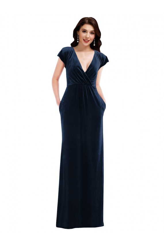 Outlet Flutter Sleeve Wrap Bodice Formal Velvet Maxi Bridesmaid Dress / Prom Dress with Pockets UK