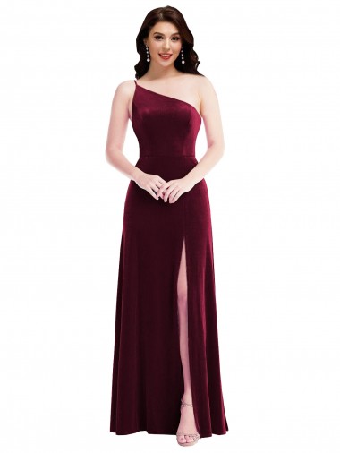 Outlet One Shoulder Spaghetti Strap Velvet Maxi Bridesmaid Dress / Prom Dress with Pockets UK