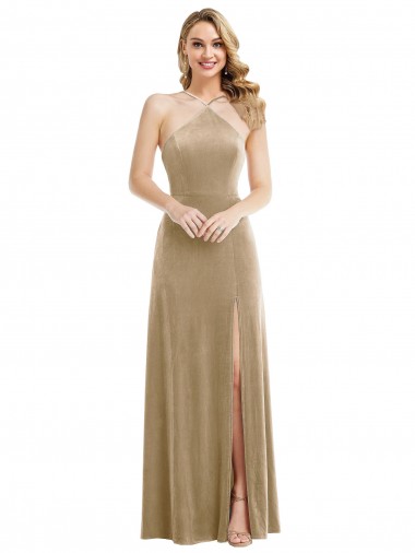 Outlet High Neck Halter Open Back Long Velvet Maxi Bridesmaid Dress / Prom Dress UK