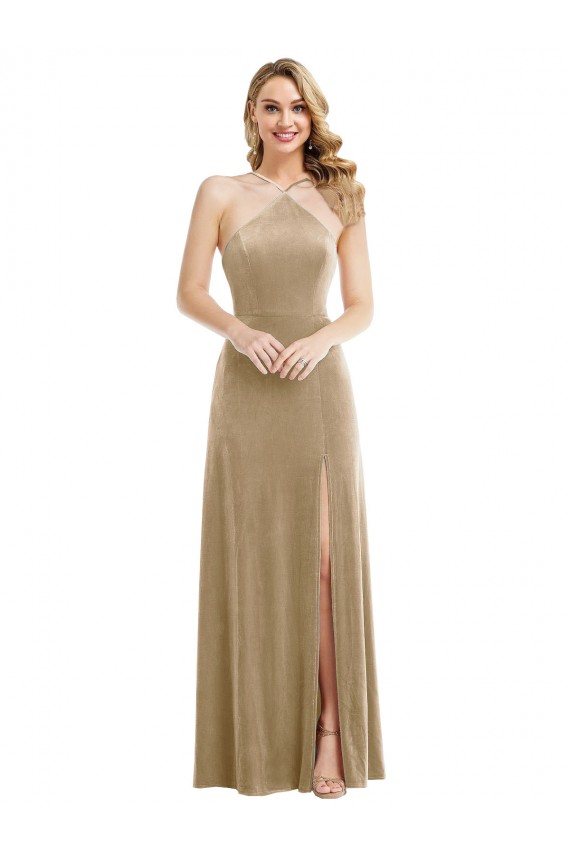 Outlet High Neck Halter Open Back Long Velvet Maxi Bridesmaid Dress / Prom Dress UK