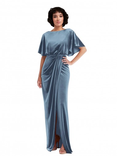 Outlet Flutter Sleeve Open Back Velvet Maxi Bridesmaid Dress / Prom Dress with Draped Wrap Skirt UK